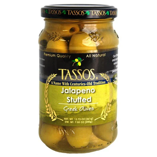 Greek Olives Stuffed with Jalapeno (Tassos) 12.73 oz