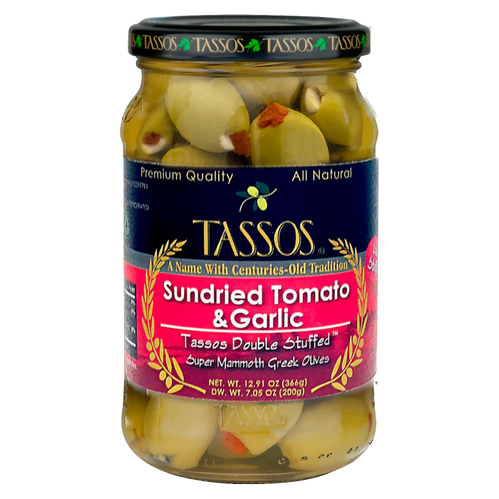 Greek Olives Stuffed with Sundried Tomato and Garlic (Tassos) 12.9 oz