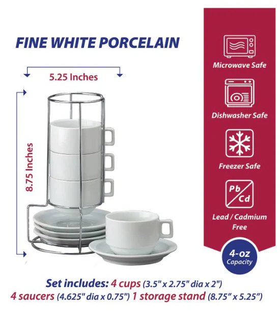 HIC Demi Cup and Saucer Set, White, Set of 4 - Image 2