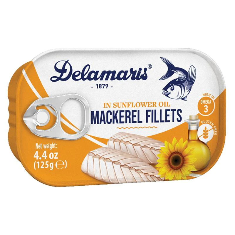 Mackerel Fillets in Sunflower Oil, (Delamaris) 125g (4.4oz)