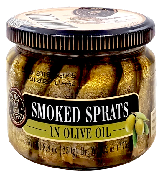 Old Riga Smoked Sprats in Olive Oil, 250g Jar, or Riga Gold