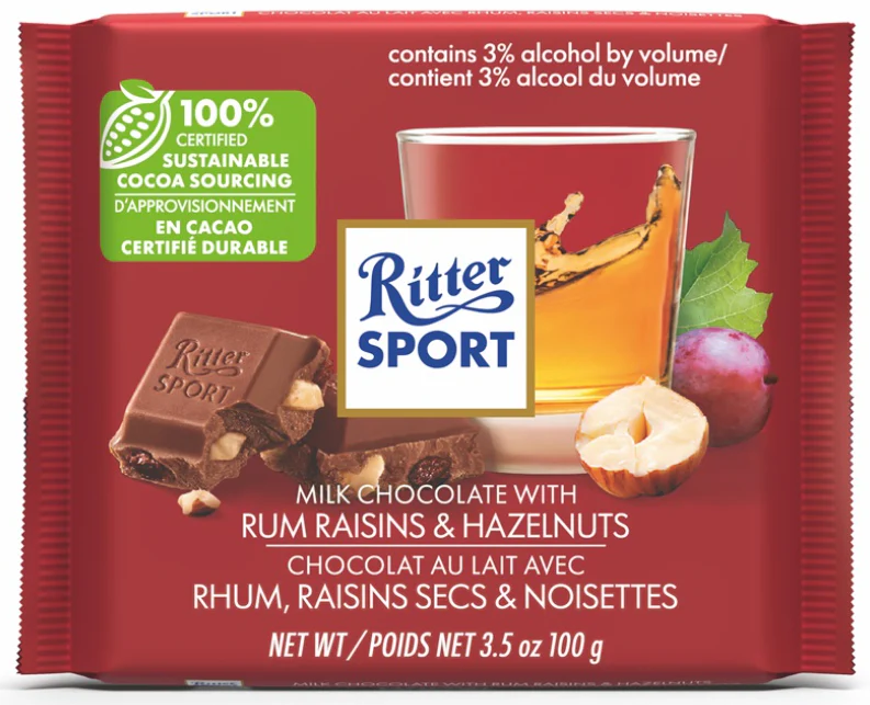 Ritter Sport Milk Chocolate with RUM, Raisins, and Hazelnuts 100g